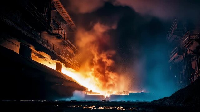 Closeup blast furnace steel mill, with intense heat fire being used melt purify iron into molten metal.