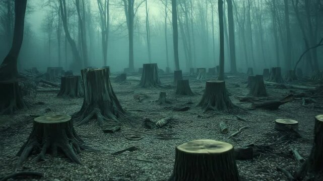 Deforestation in foggy forest with numerous tree stumps and scattered branches on ground creating eerie somber atmosphere in misty woodland nature environment cut tree branch