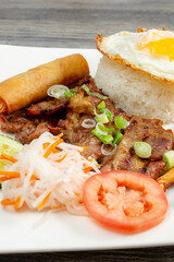 A view of a broken rice dish, featuring charbroiled pork and egg roll.