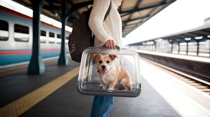 Pet Travel Essentials pet travel with compact dog carrier, realistic train station view, cinematic lifestyle moment