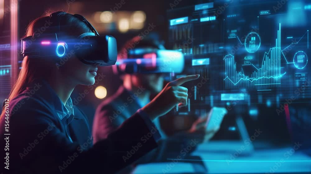 Poster two business people engage with virtual reality technology and data visualizations in a modern offic