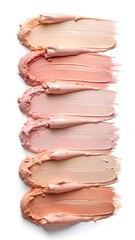 Six smooth cosmetic cream swatches in various shades of pink, peach, and beige, isolated on white background