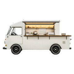 Modern White Food Truck with Open Serving Window in a Bright, Inviting Setting on transparent background