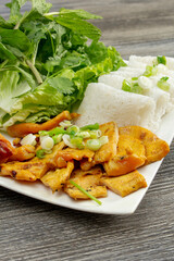 A view of a grilled chicken and vermicelli noodle entree.