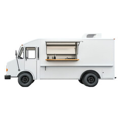A clean, modern food truck ready for service in a vibrant urban setting, showcasing a welcoming atmosphere for diverse culinary experiences. on transparent background