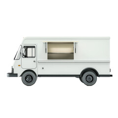 White Food Truck with Open Window in Urban Setting for Street Food Delights on transparent background