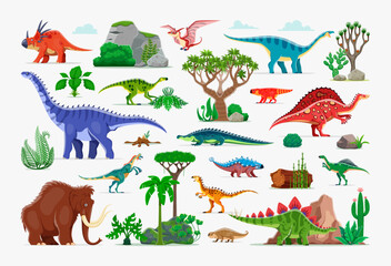 Prehistoric dinosaur characters and plants. Vector set of dino species like stegosaurus, styracosaurus, pteranodon and mammoth, prehistoric vegetation and landscapes like trees, rocks, and ferns © Vector Tradition