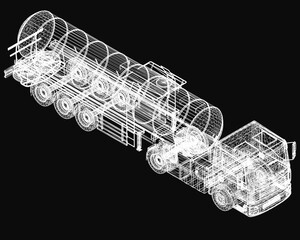 A 3D wireframe model of a tanker truck on a black background highlights its detailed structure and mechanical features. The clean, monochrome design emphasizes the vehicle's contours and industrial.