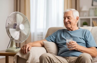 Senior Man Seeks Respite From Summer Heat Sitting With Water Glass While Fan Offers Breeze Inside Calm Living Space