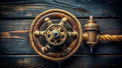Obraz premium An aged rusty metal wheel with a thick rope wrapped around it is set against a dark wooden background, creating a vintage industrial aesthetic
