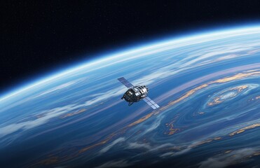 Fototapeta premium A spacecraft circles a glowing planet surrounded by soft cloud layers and distant stars, evoking a sense of peace and cosmic silence
