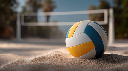 Beach volleyball ball on sandy court with net in background, vibrant colors, outdoor summer sport, sunny day, energetic atmosphere