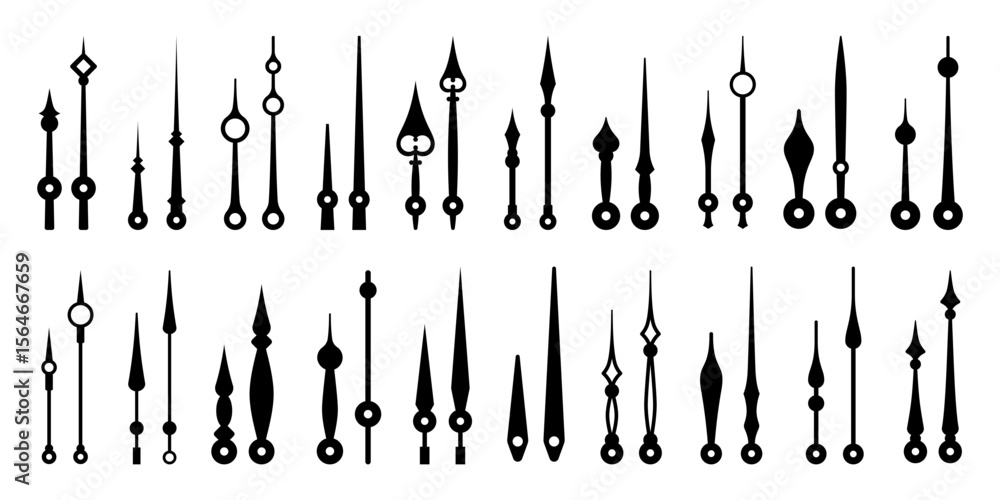 Poster isolated clock hands, time pointers, watch arrows. vector monochrome elements set, essential compone