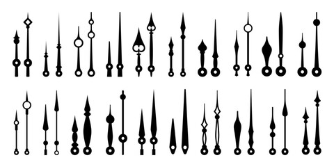 Isolated clock hands, time pointers, watch arrows. Vector monochrome elements set, essential components of analog clock in various shapes and sizes. Hour and minute hand pairs for accurate timekeeping