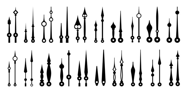 Isolated clock hands, time pointers, watch arrows. Vector monochrome elements set, essential components of analog clock in various shapes and sizes. Hour and minute hand pairs for accurate timekeeping