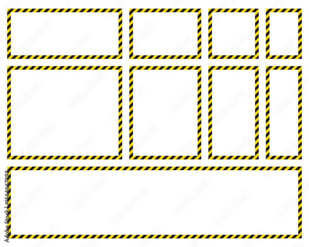 Poster an assortment of rectangular and square frames outlined with yellow and black diagonal warning tape 