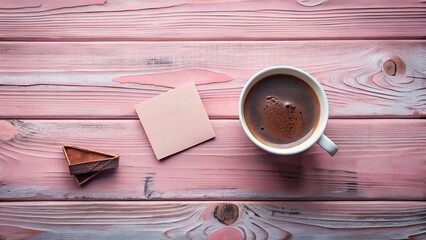 A cup of coffee sits on a pink wooden table next to a pink sticky note and a piece of chocolate