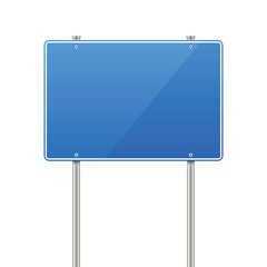 A blank, rectangular blue sign with a thin white border is supported by two metal poles. The sign is clean and shiny, reflecting light. Isolated on white.