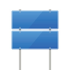 A blank double blue road sign with white borders, mounted on metal posts. The signs are clean and reflective, set against a plain white background in isolation.