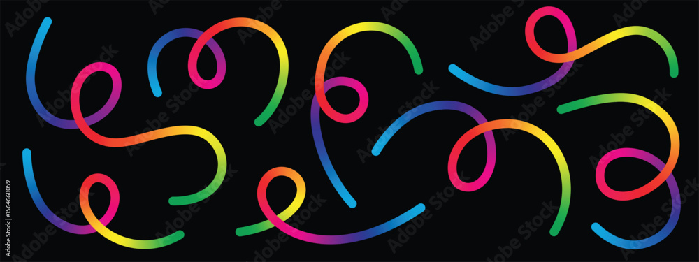 Poster a playful and abstract pattern featuring multiple rainbow-colored swirls on a stark black background