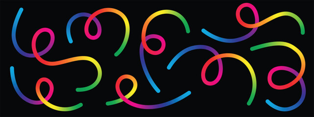 A playful and abstract pattern featuring multiple rainbow-colored swirls on a stark black background. The design conveys fun, energy, and creativity in its simplicity.