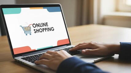 Hands type on laptop showing online shopping interface, emphasizing ease and convenience of e-commerce