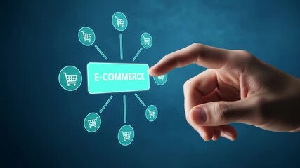 Hand interacts with glowing e-commerce interface, showcasing online shopping network, digital market, and interconnected sales - Powered by Adobe