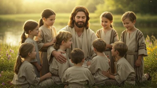Jesus Christ Blesses and Hugging Children on the Street. Biblical Parable of Christian Love. Spiritual Education and Religious Concept.