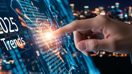 Fingers interact with glowing digital interface, showcasing 2025 trends data, representing technological advancements and future predictions