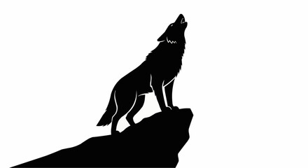 Howling Wolf on a Cliff Silhouette Isolated on White Background, Wild Animal Vector Illustration

