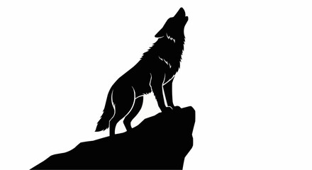 Howling Wolf on a Cliff Silhouette Isolated on White Background, Wild Animal Vector Illustration


