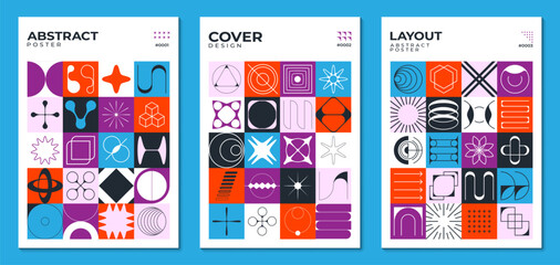 Abstract geometric swiss posters with y2k brutal shapes and patterns shows modern aesthetics and retro futuristic art. Vector covers or layout templates with surreal figures in colorful square blocks