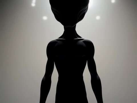 Alien standing under bright UFO light in misty environment, mysterious extraterrestrial encounter footage