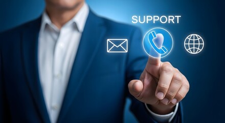 Man in blue suit pointing at glowing support icon with phone, email, and globe symbols on digital interface.
