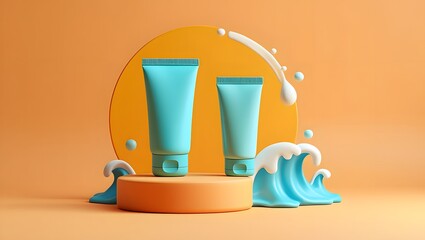 Aqua Blue Cosmetic Tubes on Pedestal with Ocean Waves