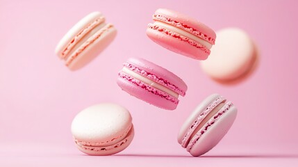 Fototapeta premium Colorful macarons floating against pink background.