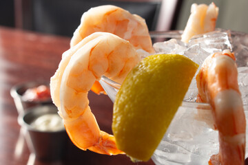 A closeup view of a shrimp cocktail.
