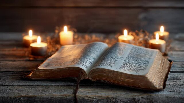 An open Bible resting on a weathered wooden table surrounded by glowing candles. The pages reveal verses that speak of love and grace the warm flicker of the flames representing the