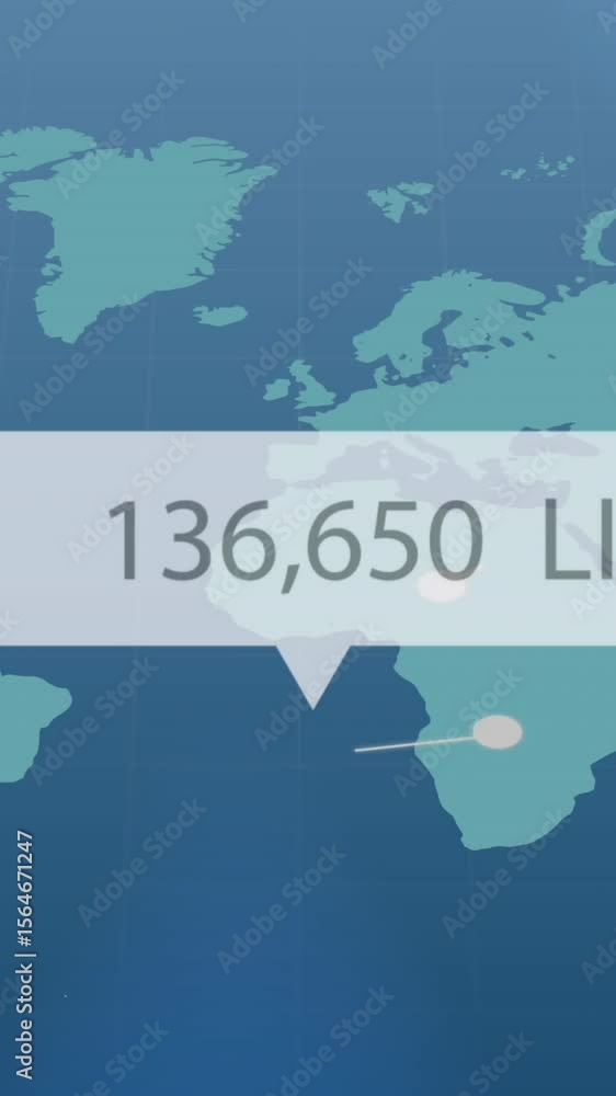 Poster speech bubble with thumbs up icon with increasing likes against light trails moving over world map