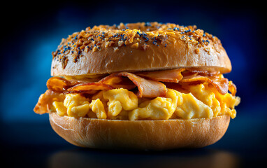 Großer Burger mit Speck und Käse auf Sesam-Brötchen vor blauem Hintergrund