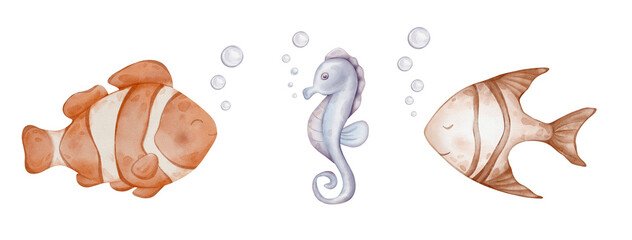 Tropical set of Fishes and Sea Horse with air bubbles watercolor illustration. Art of marine animal with orange and beige stripes for childish cards. Drawing of ocean creature for baby wall art.