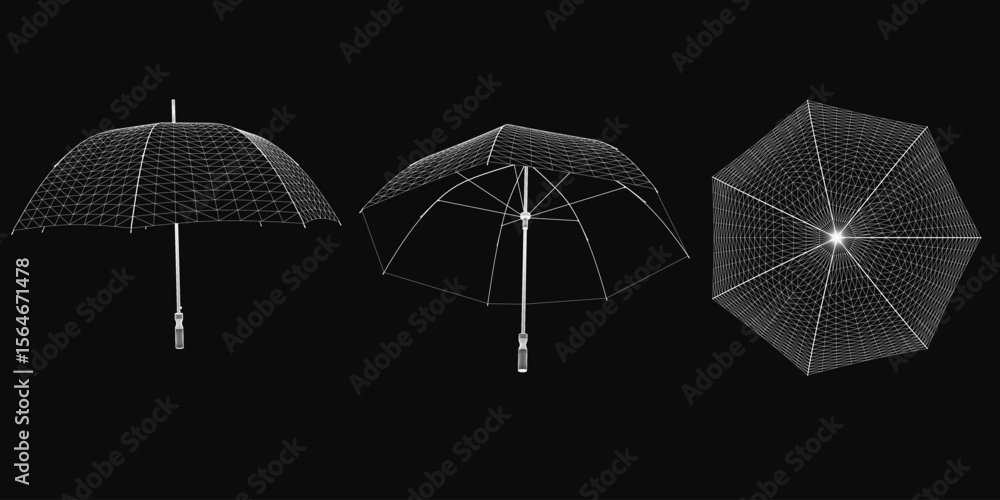 Poster three wireframe umbrellas arranged in a triangular formation on a black background, featuring intric