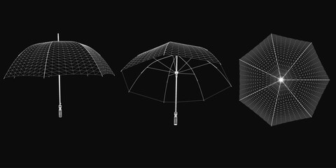 Three wireframe umbrellas arranged in a triangular formation on a black background, featuring intricate geometric patterns. The largest umbrella is centered, flanked by two smaller ones © German Ovchinnikov