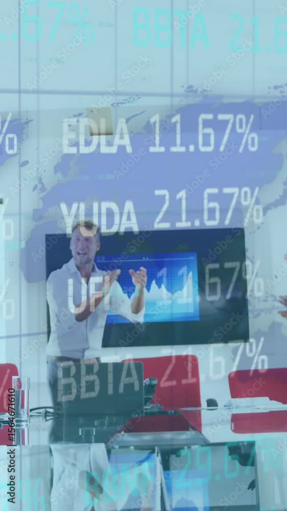 Poster animation of interface with world map and data with business colleagues celebrating success