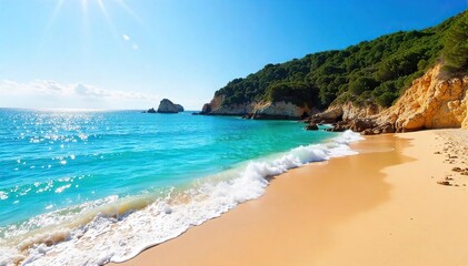 Fototapeta premium Relaxing on Sun-Kissed Costa Brava Beaches Turquoise Waters, Golden Sands, Perfect Mediterranean Getaway for Vacation Brochures and Travel Ads