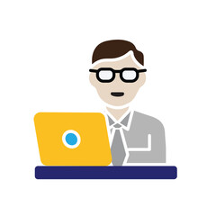 Work icon. Online work. Man wearing tie and glasses working in front of laptop. meeting, teamwork, remote. Flat design style
