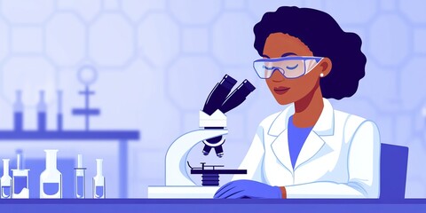 illustration woman scientist observing samples under a microscope in a modern laboratory setting