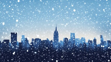 Winter in the City: A Snowy Skyline Silhouette with Falling Snowflakes