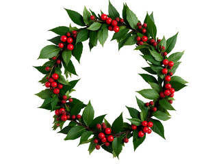 Lush Green Leaves and Vibrant Red Berries Circular Wreath Design Isolated on a transparent background