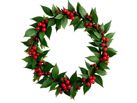 Lush Green Leaves and Vibrant Red Berries Circular Wreath Design Isolated on a transparent background